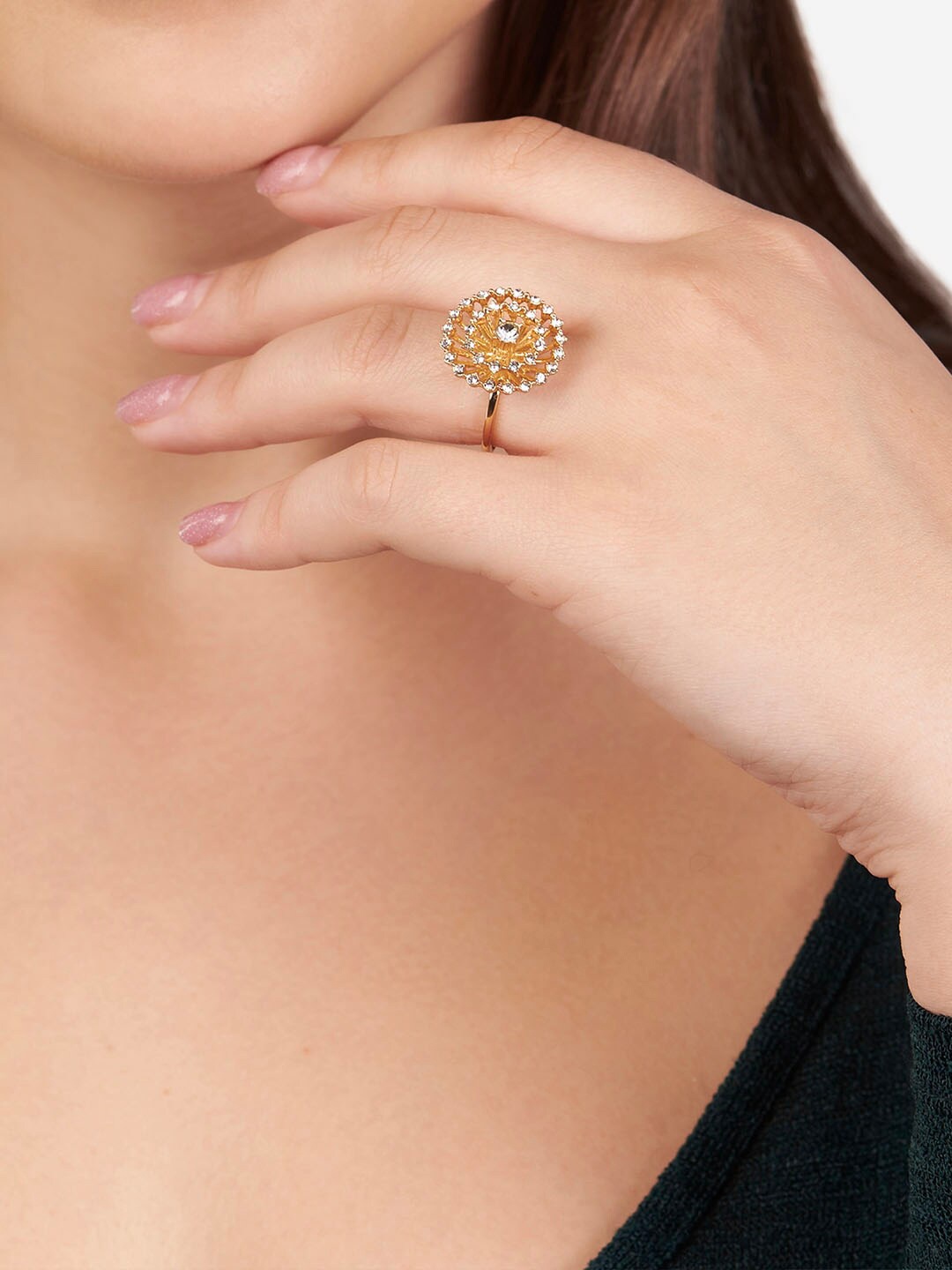 

Lilly & sparkle Gold-Plated White CZ Studded & Floral Design Detailed Finger Ring