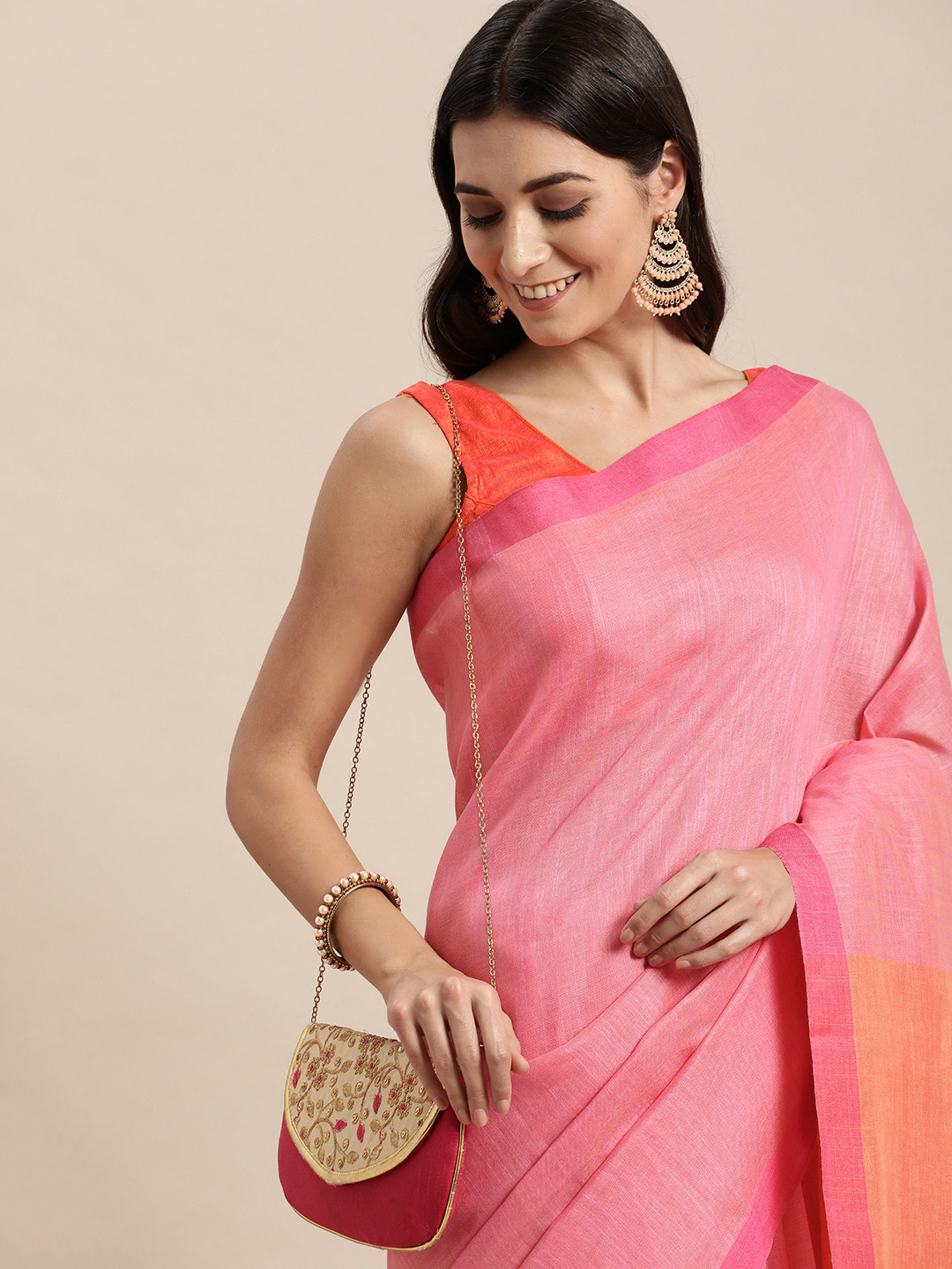 

swatika Pink & Orange Pure Cotton Bhagalpuri Saree