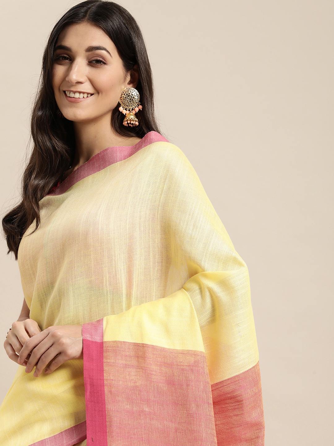 

swatika Yellow & Peach-Coloured Pure Cotton Bhagalpuri Saree