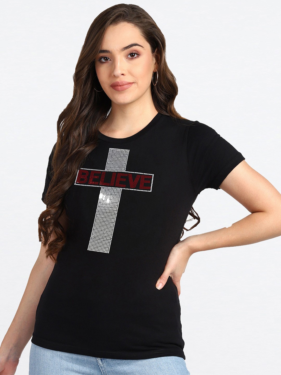 

shashvi Women Black Typography Printed T-shirt
