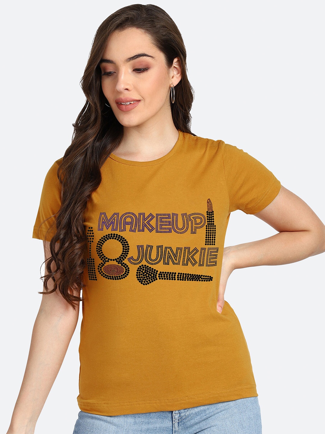 

shashvi Women Mustard Yellow Typography Printed T-shirt