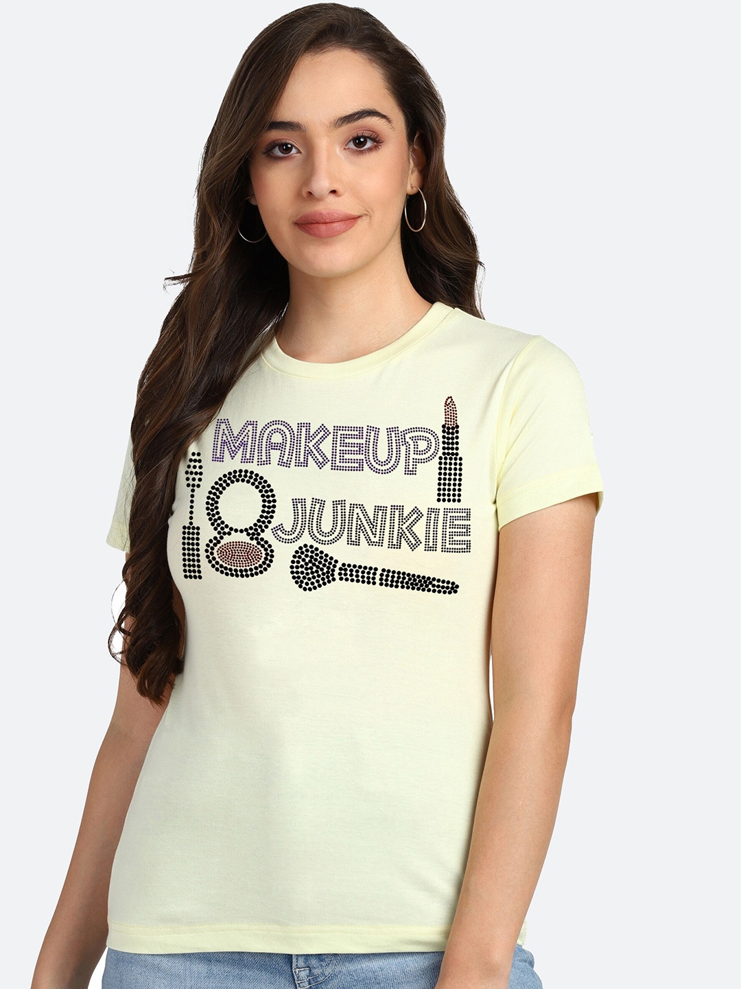 shashvi Women Yellow Typography Embellished T-shirt