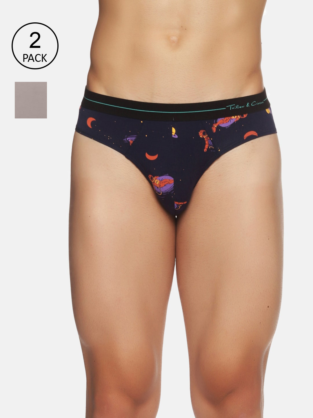

Tailor & Circus Men Pack Of 2 Navy Blue & Grey Printed Anti- Bacterial Basic Briefs