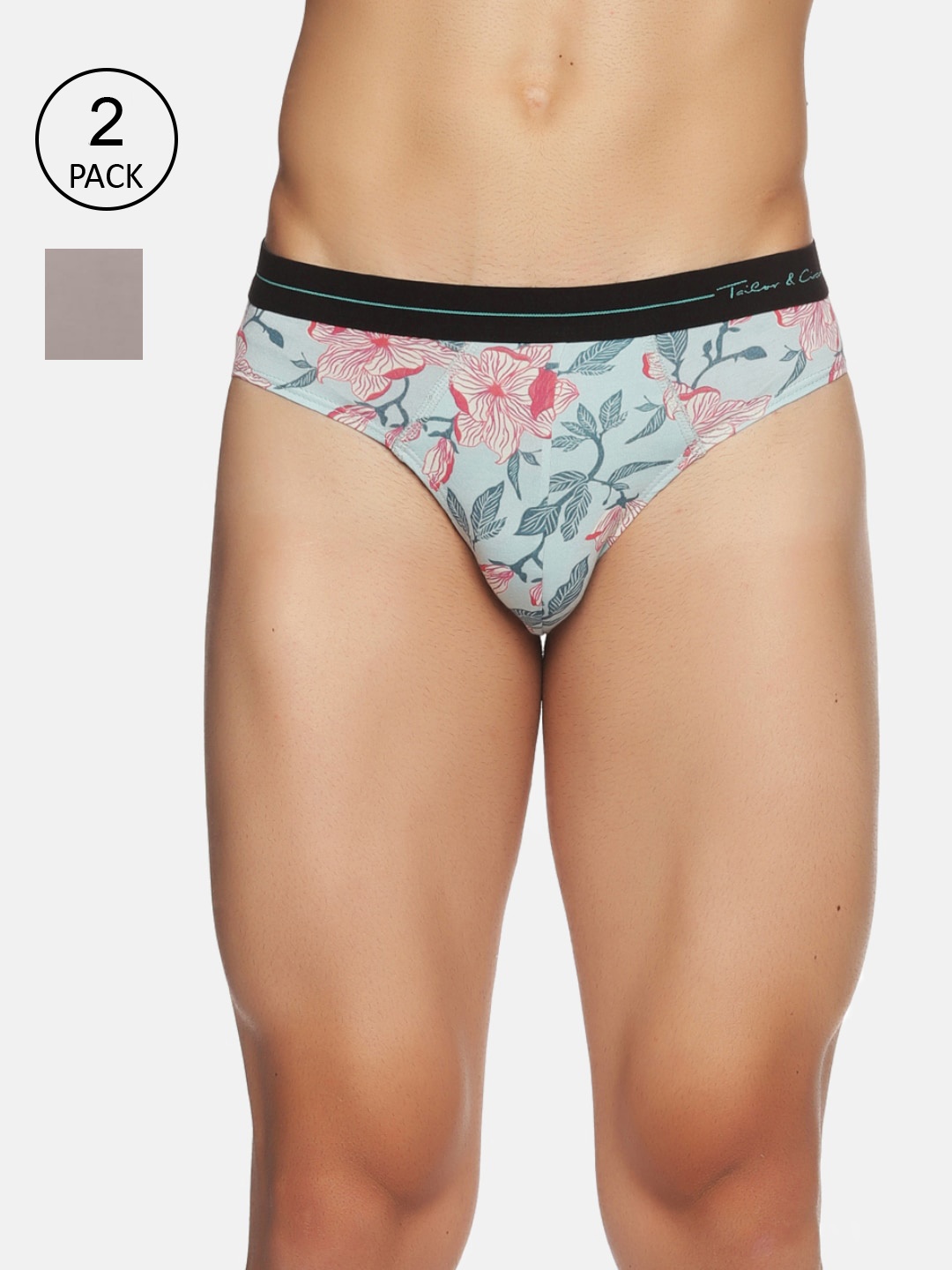 

Tailor & Circus Men Pack Of 2 Blue Printed and Grey Solid Anti-Bacterial Basic Briefs