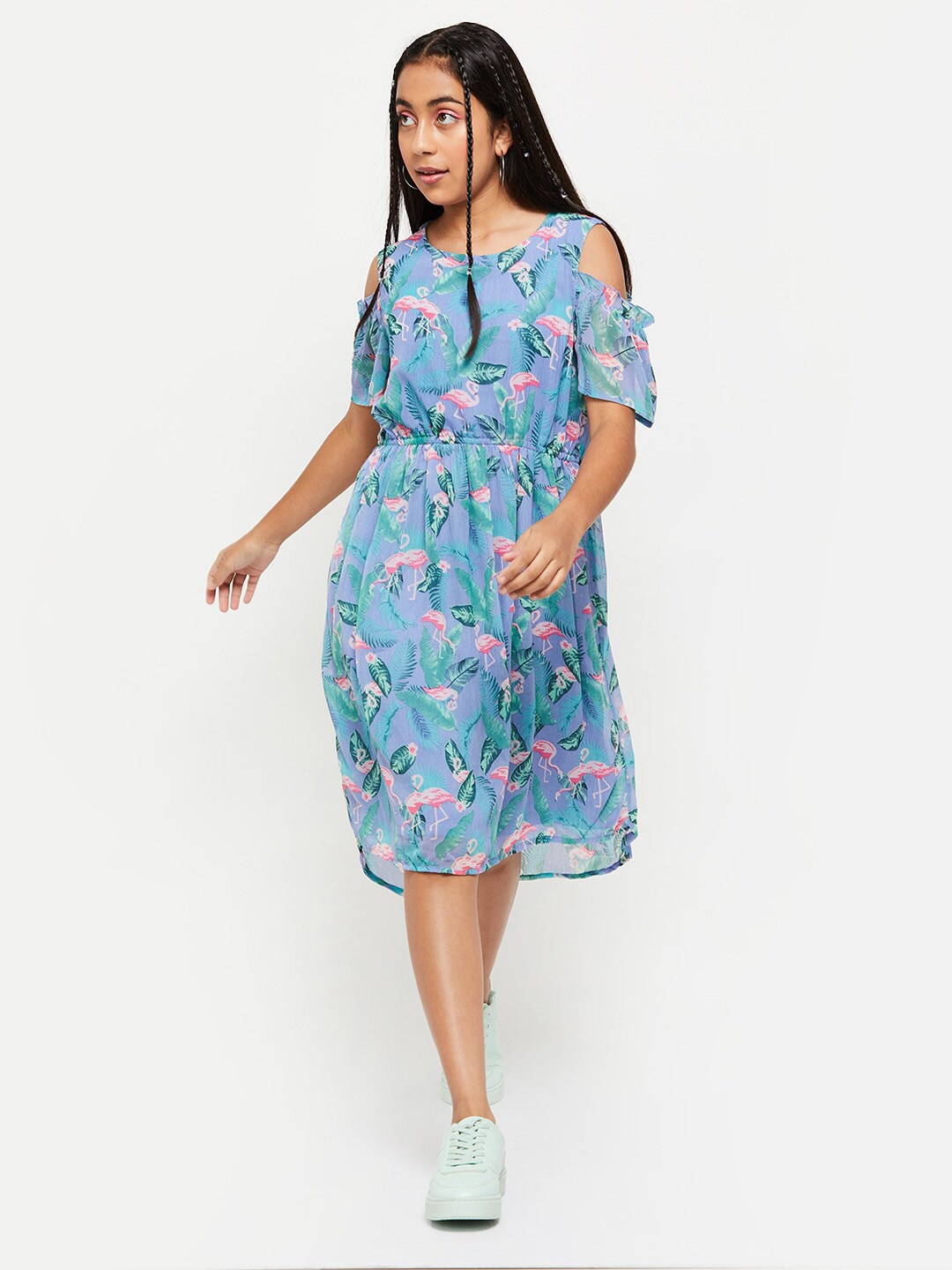 

max Girls Blue & Pink Printed Blouson Cold Shoulder Sleeves Dress