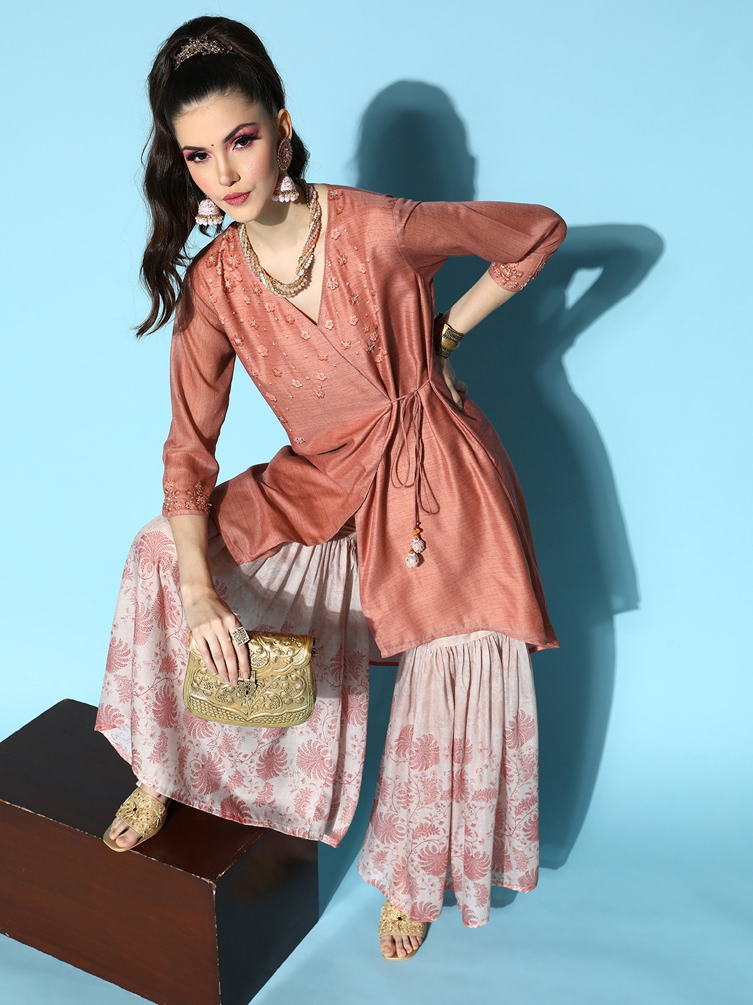

SheWill Women Floral Silk Blend Fluid Tie-Up Kurta Set, Rust