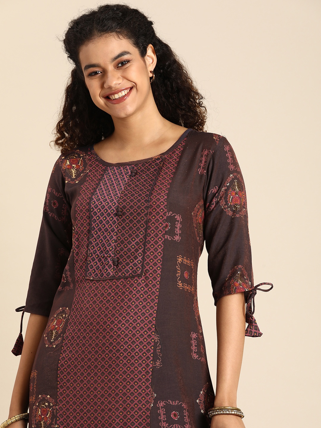 

Sangria Women Purple & Brown Ethnic Motifs Printed Kurta