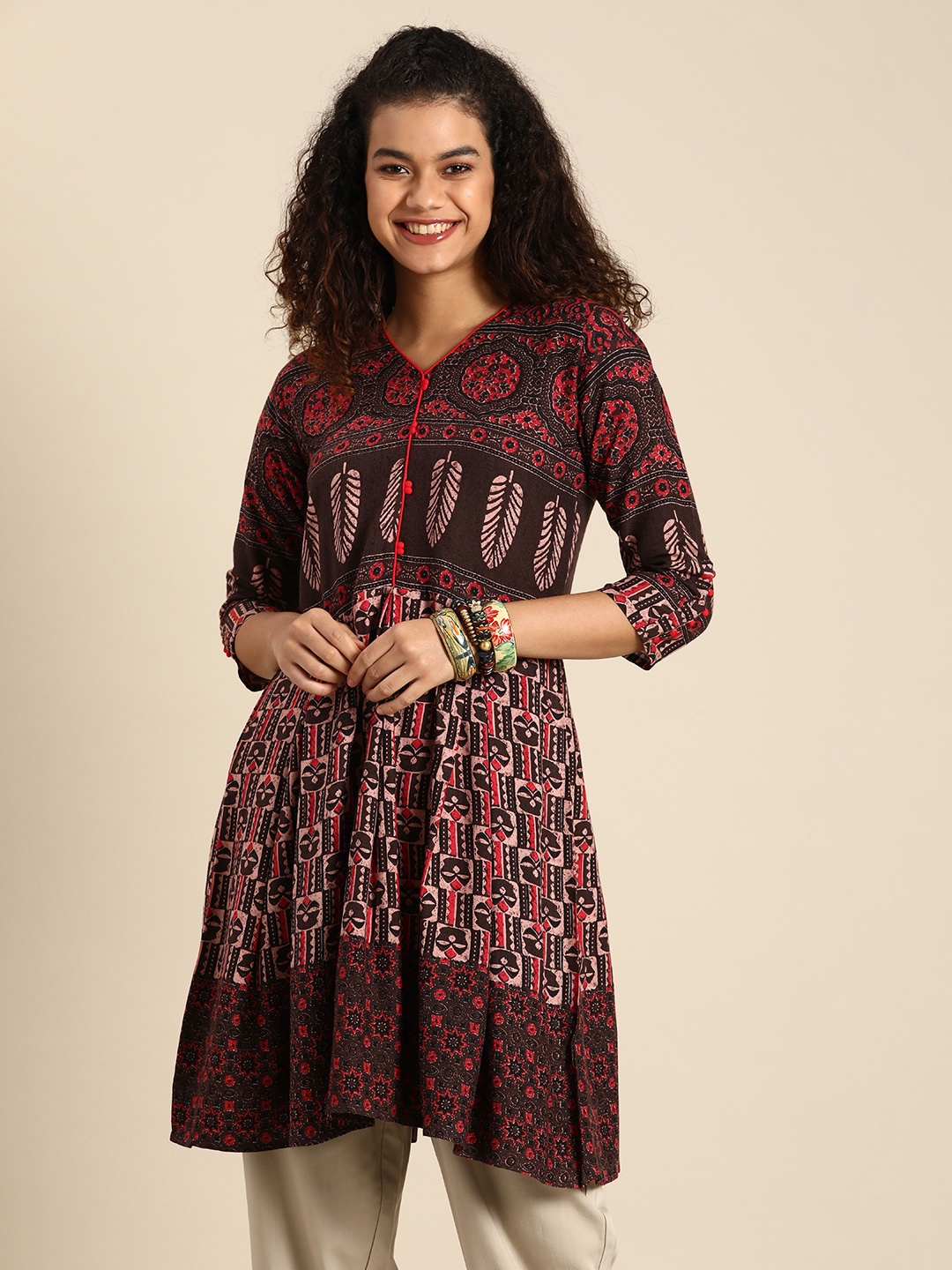 

Sangria Women Brown & Black Ethnic Motifs Printed Kurta