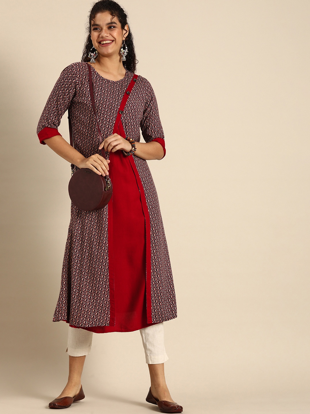 

Sangria Women Maroon & Navy Blue Ethnic Motifs Printed Kurta