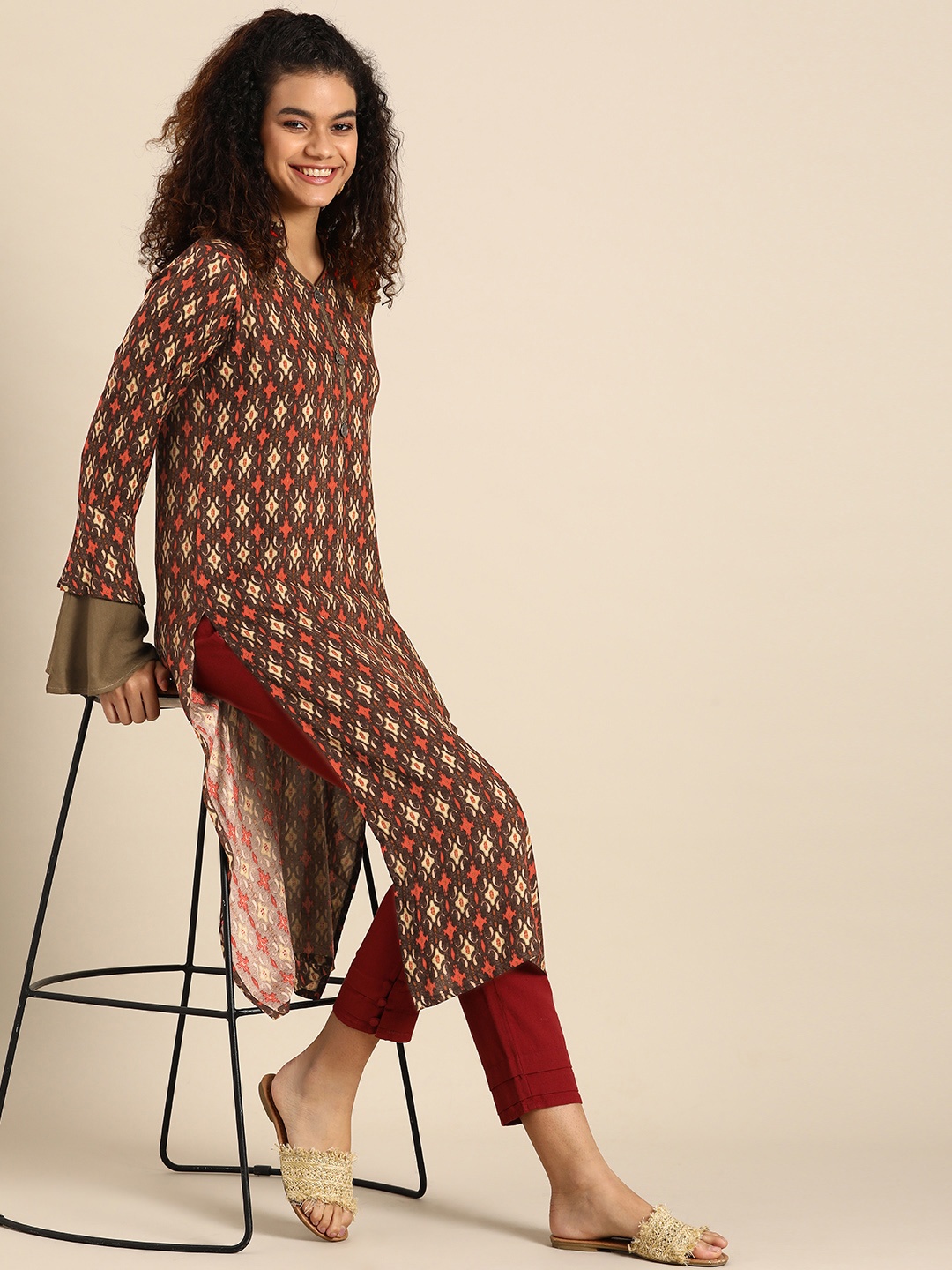 

Sangria Women Brown & Red Ethnic Motifs Printed Bell Sleeves Kurta