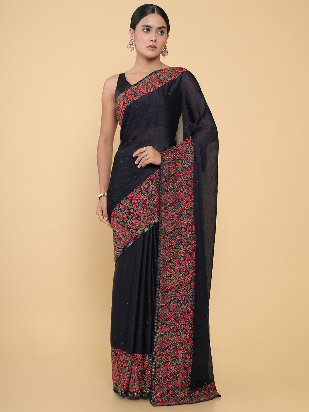 

Soch Black & Pink Floral Embroidered Pure Georgette Saree