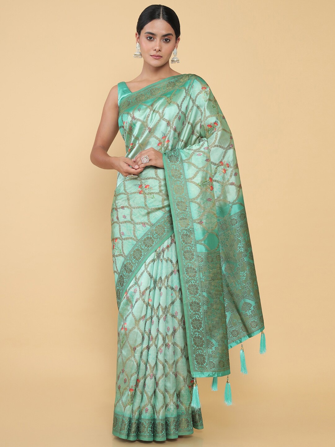 

Soch Green & Pink Ethnic Motifs Zari Organza Saree