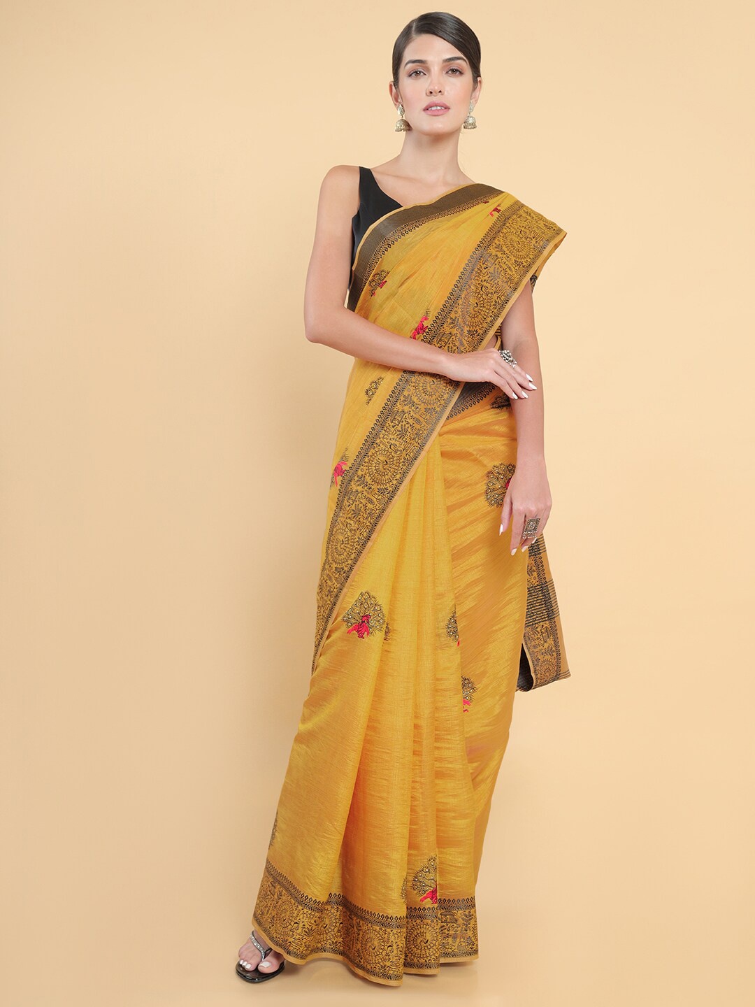 

Soch Mustard & Pink Ethnic Motifs Embroidered Silk Blend Saree