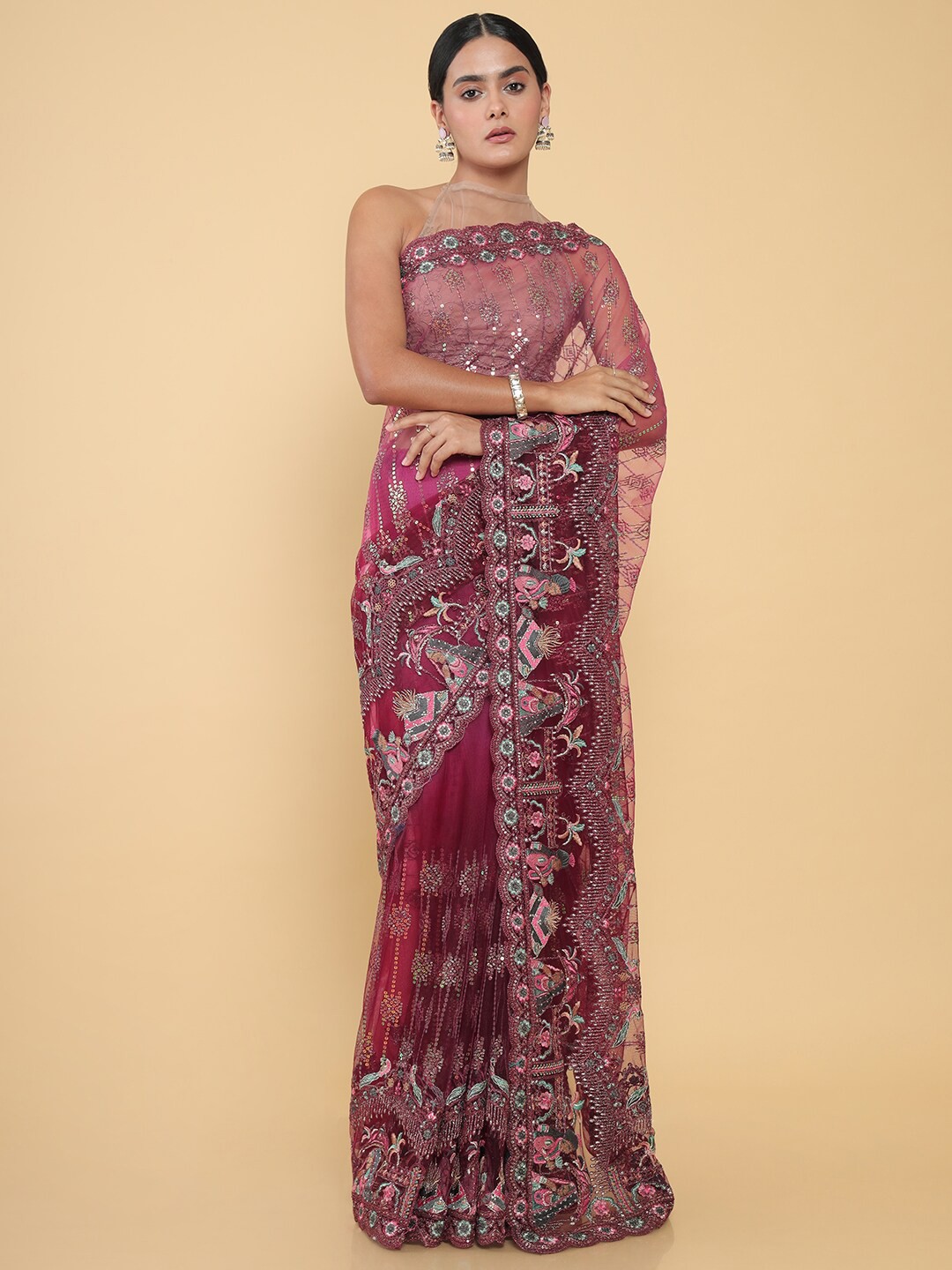 

Soch Pink & Green Floral Embroidered Net Saree
