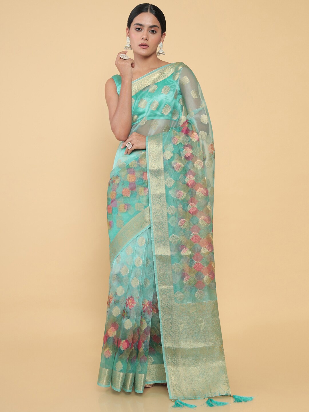 

Soch Green & Red Ethnic Motifs Zari Organza Block Print Saree