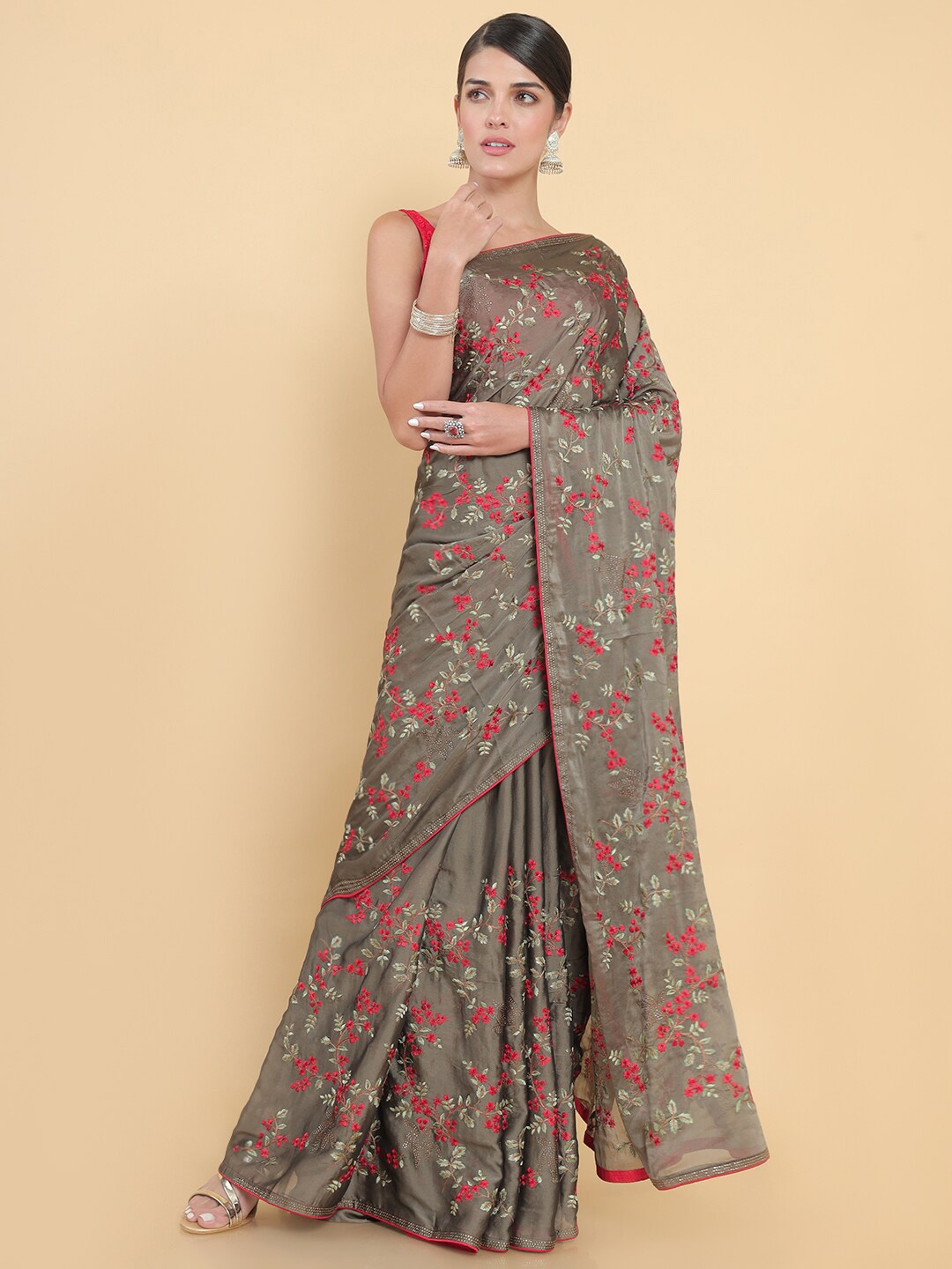 Soch Grey & Pink Floral Embroidered Pure Georgette Saree