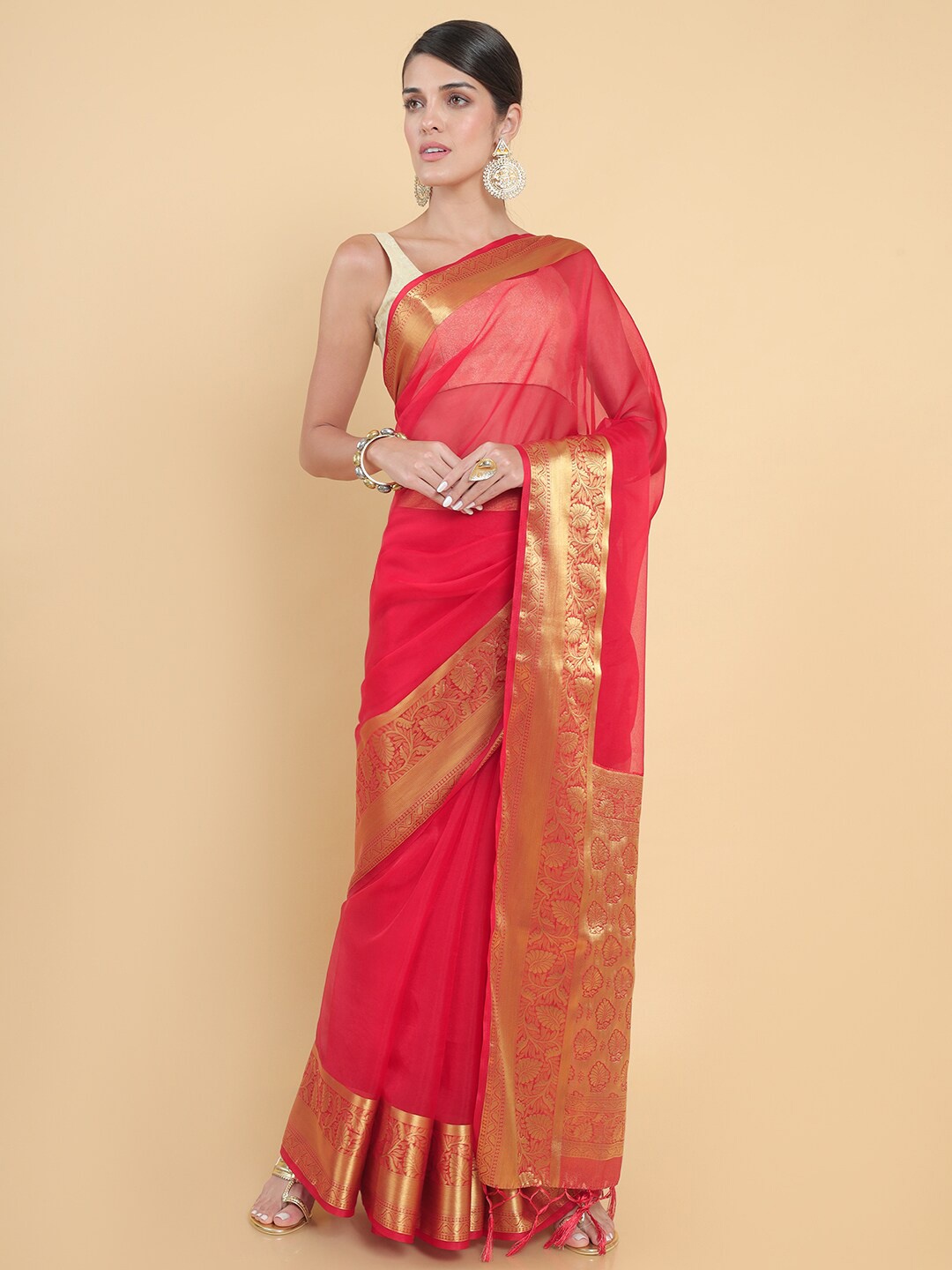 

Soch Red & Gold-Toned Zari Organza Saree