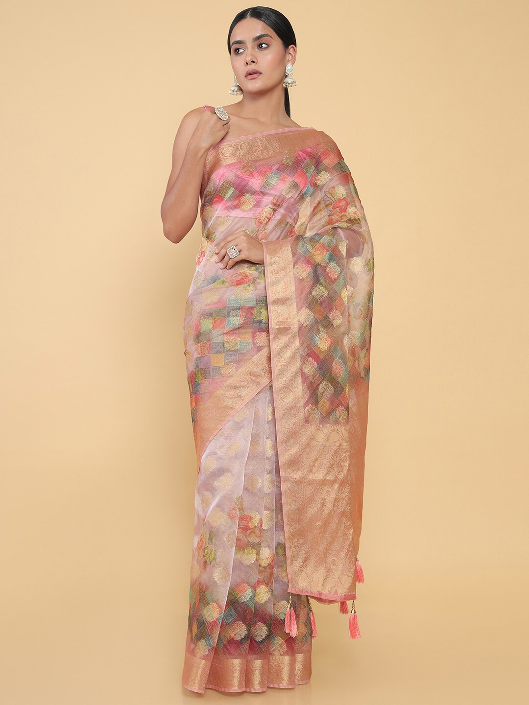 

Soch White & Blue Woven Design Zari Organza Block Print Saree