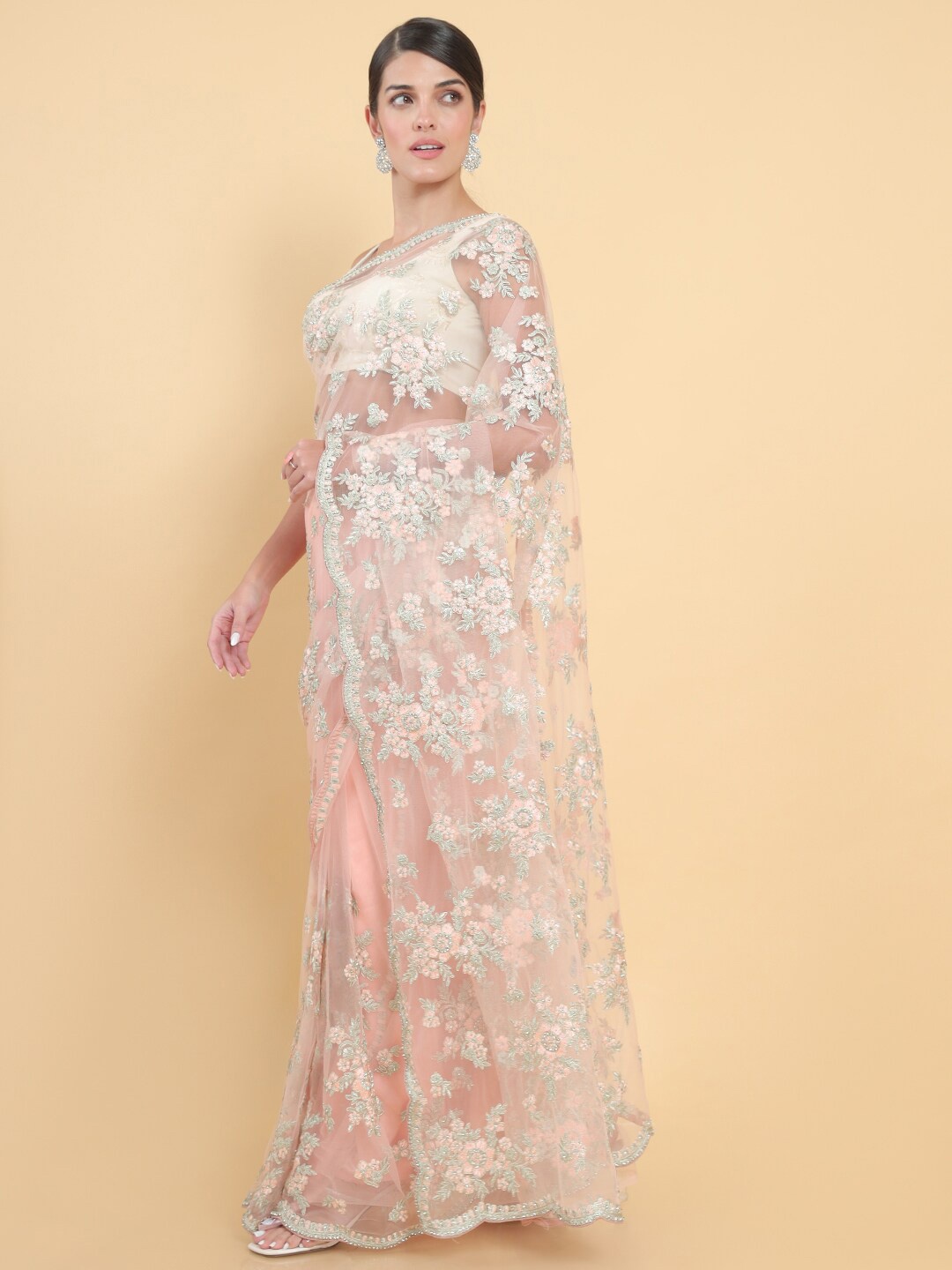 

Soch Pink Floral Embroidered Net Saree