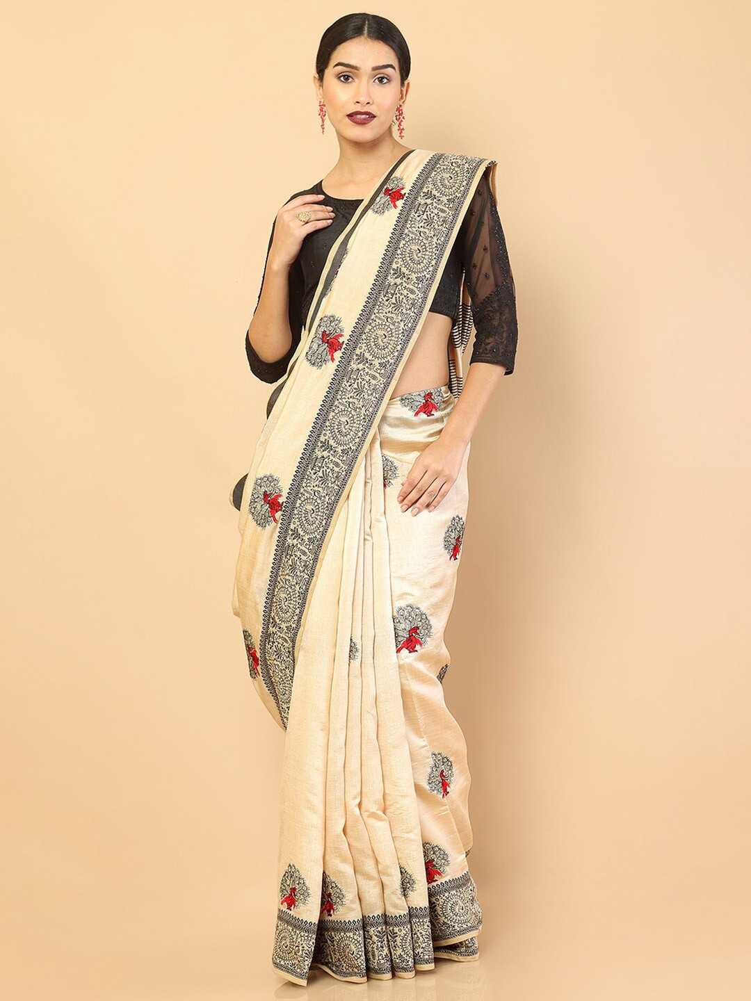 

Soch Beige & Black Ethnic Motifs Embroidered Silk Blend Saree
