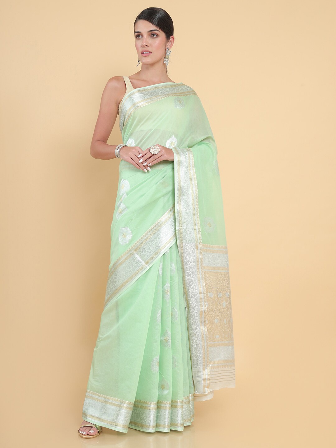 

Soch Green & Silver-Toned Woven Design Zari Saree