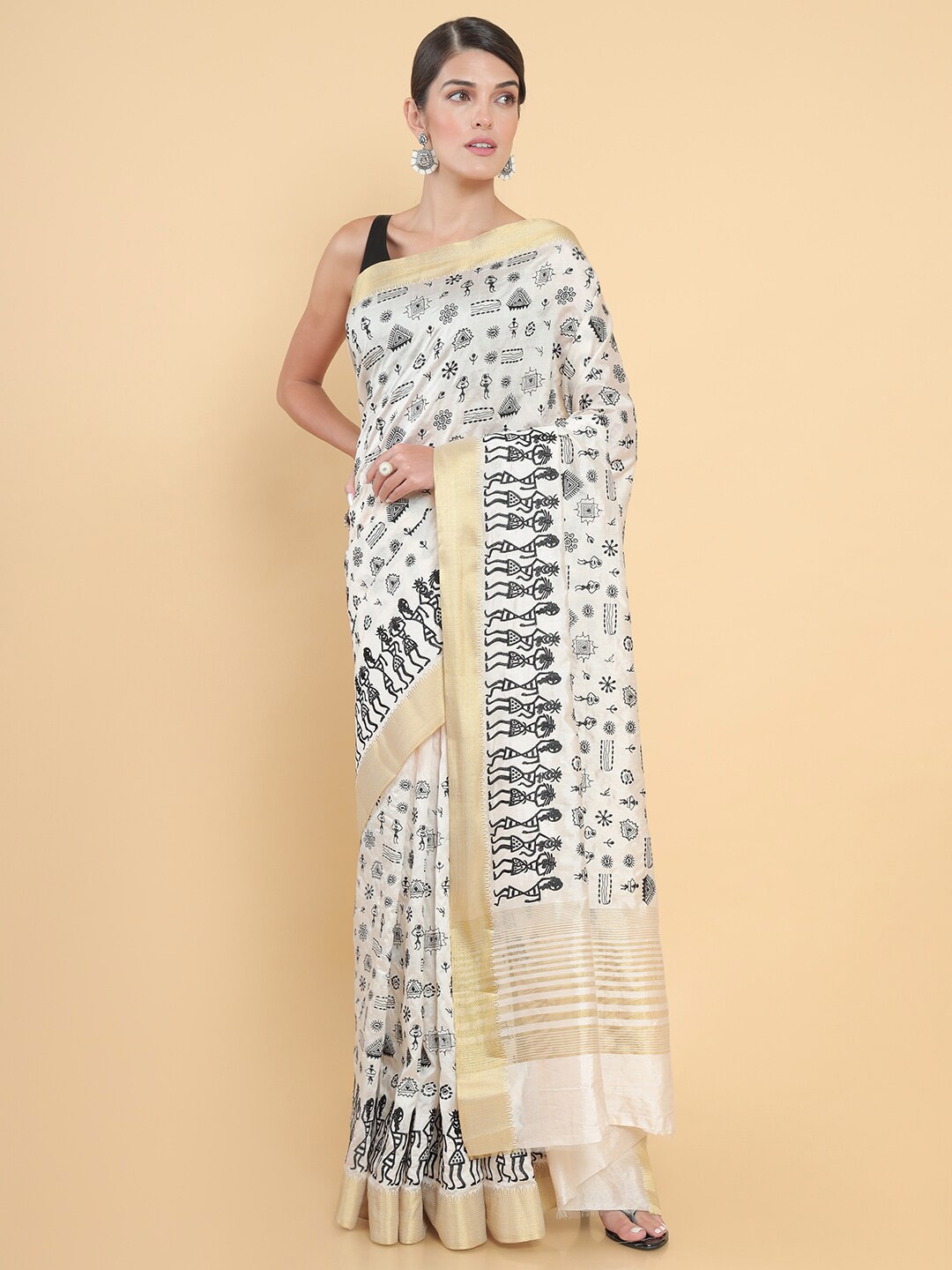 

Soch Women Cream & Black Warli Embroidered Silk Blend Saree