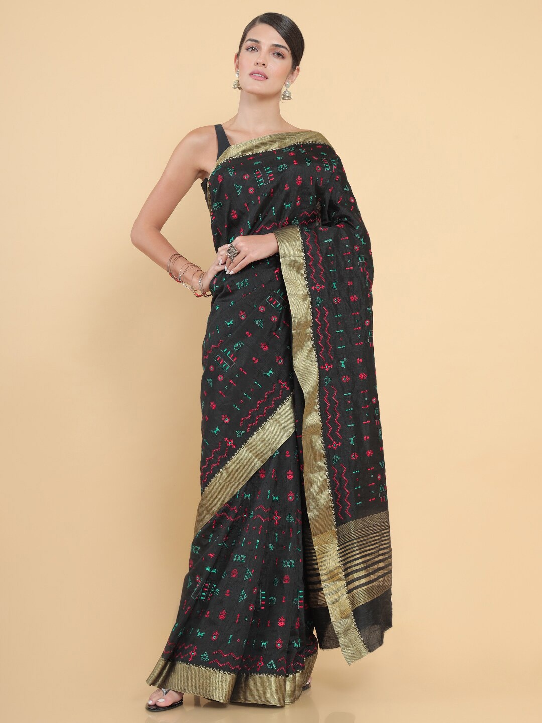 

Soch Black & Green Warli Embroidered Silk Blend Saree