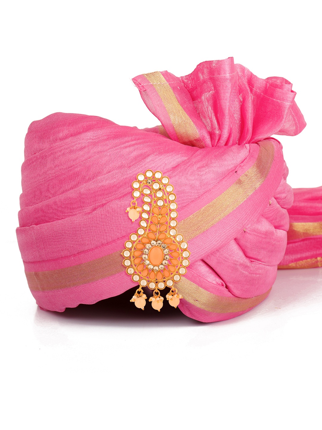 

Sanjog Men Gold Toned & Peach Artificial Stones &Beads Maharaja Dulha Pagdi Kalangi Brooch