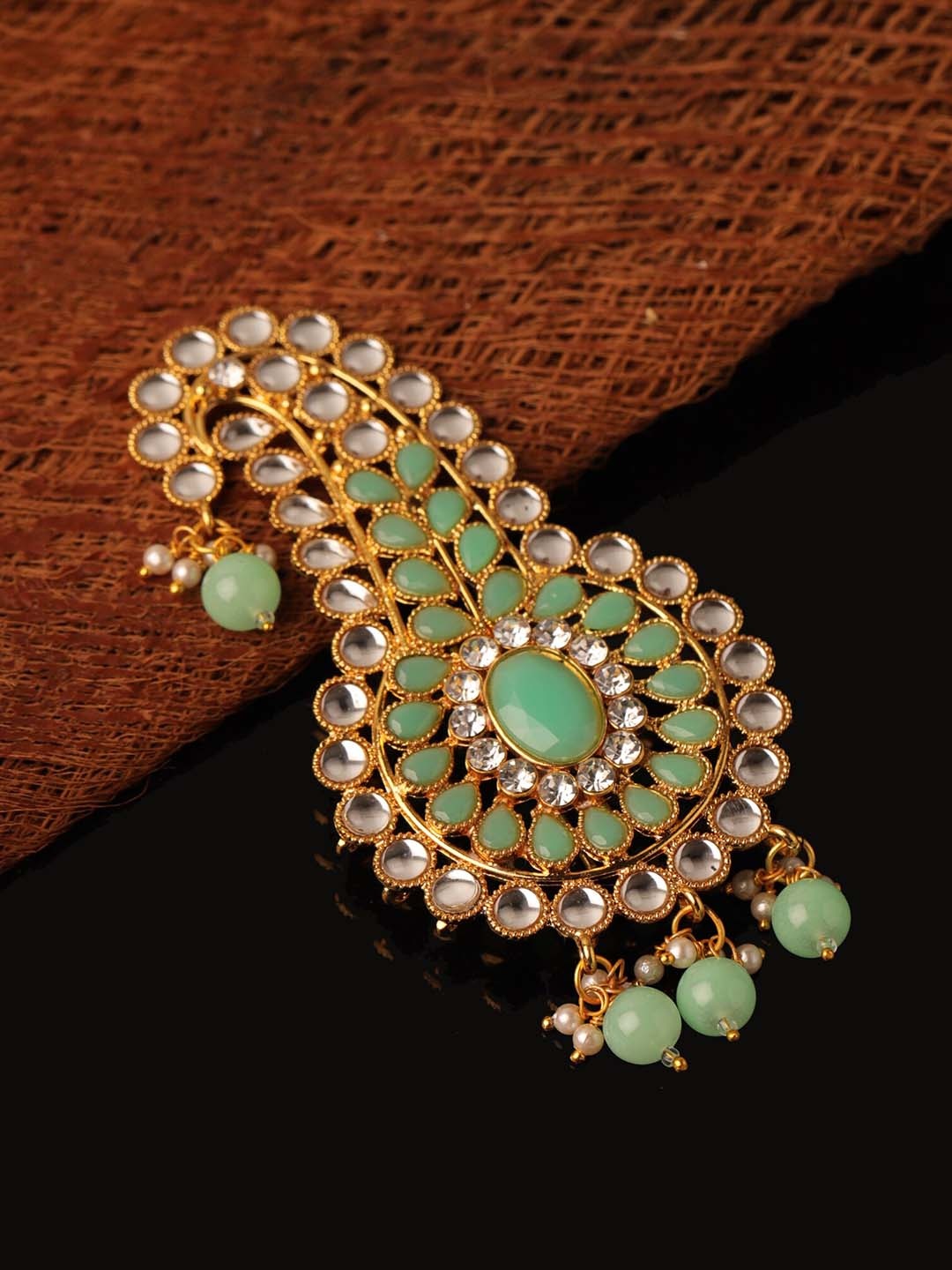 

Sanjog Men Green Brass Beads Pagdi Kalangi Jhumar Maharaja Dulha Pagdi Kalangi Brooch