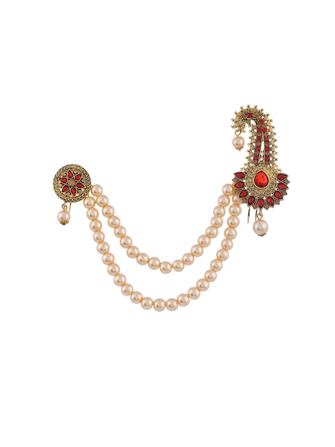 

Sanjog Men Red & White Stone-Studded Kalangi Wedding Turban Maharaja Dulha Pagdi Brooch, Gold