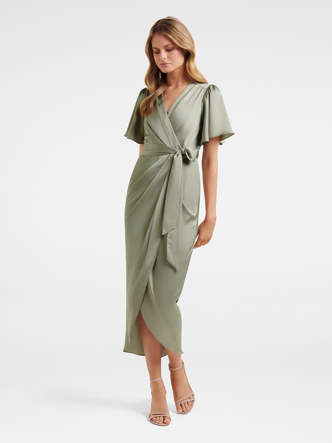 

Forever New Olive Green Solid Satin Tulip Midi Dress