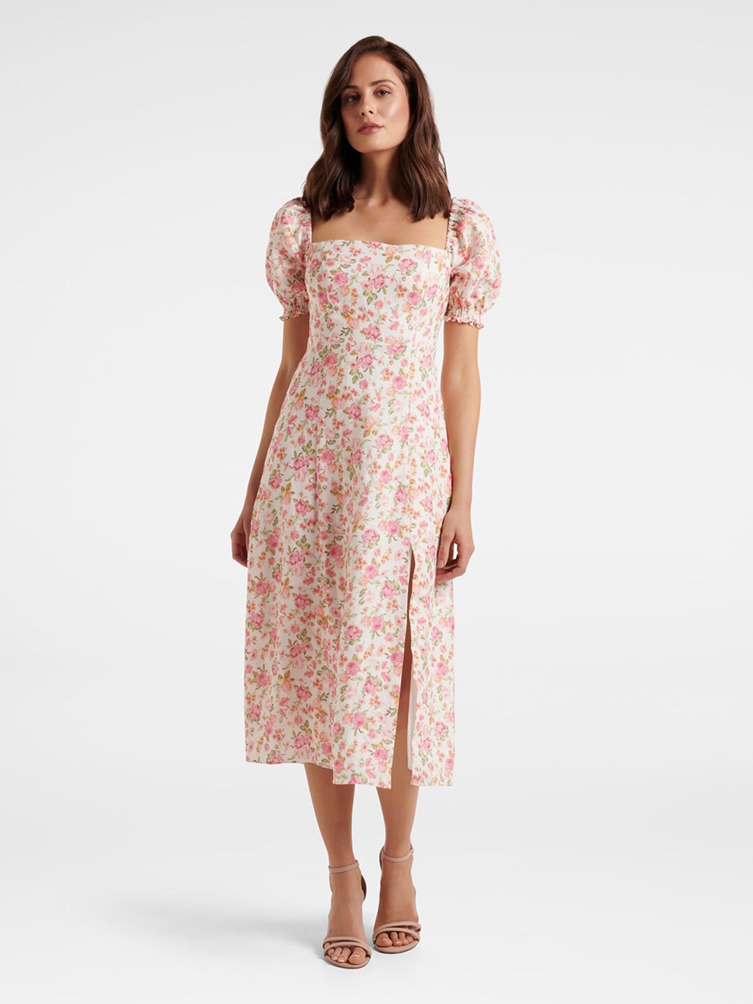 

Forever New Pink Floral Linen A-Line Midi Dress
