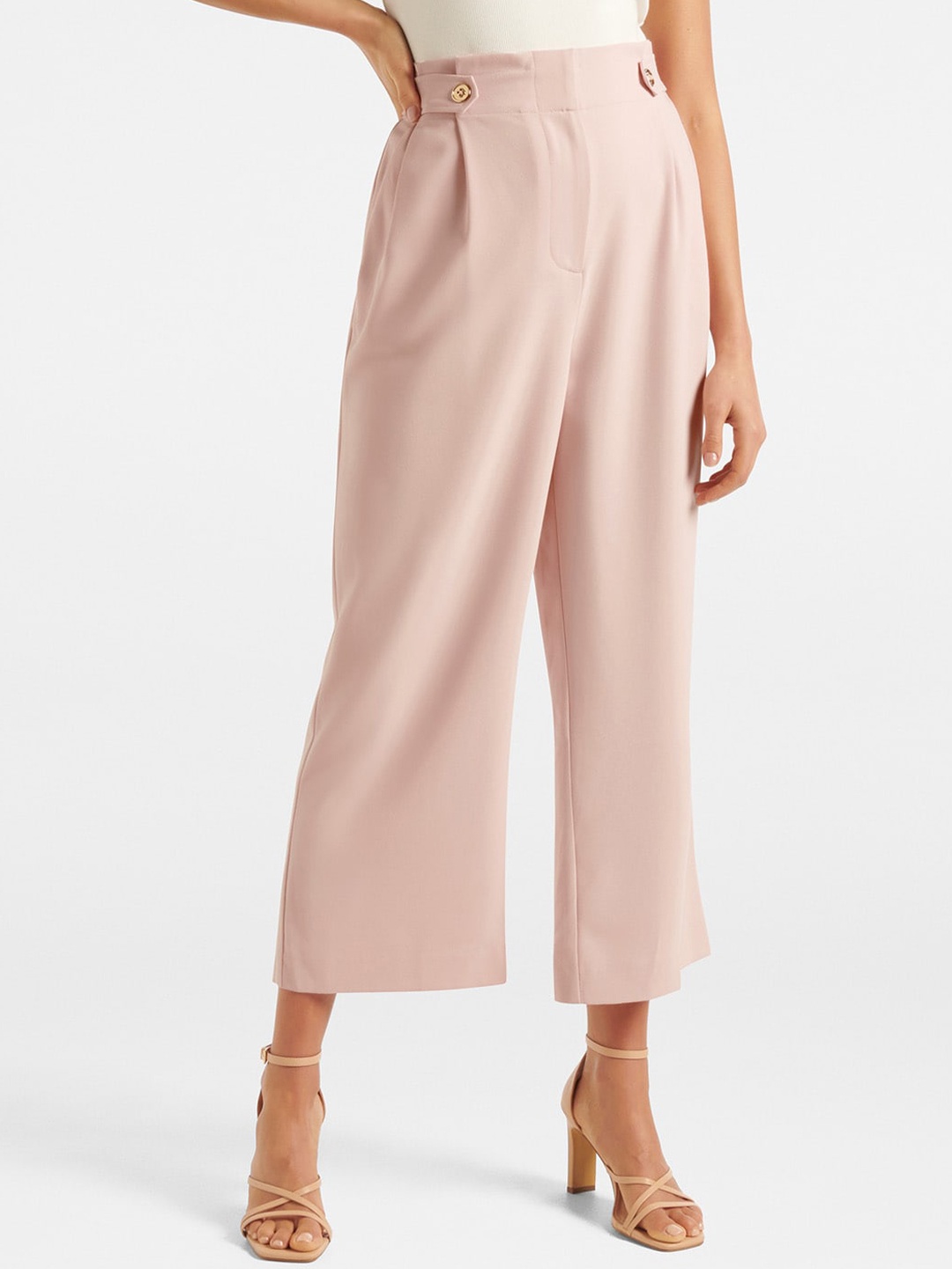 

Forever New Women Pink High-Rise Pleated Culottes Trousers