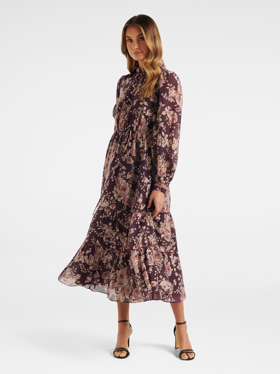 

Forever New Women Maroon Floral A-Line Midi Dress