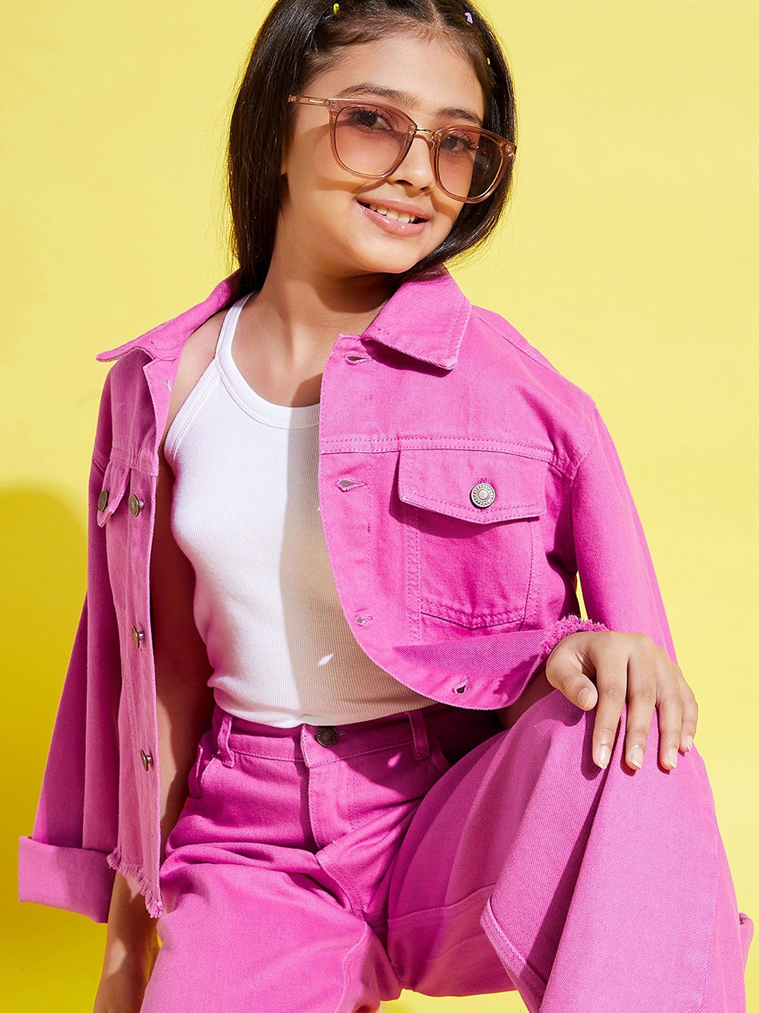 

Noh Voh - SASSAFRAS Kids Girls Pink Crop Denim Jacket