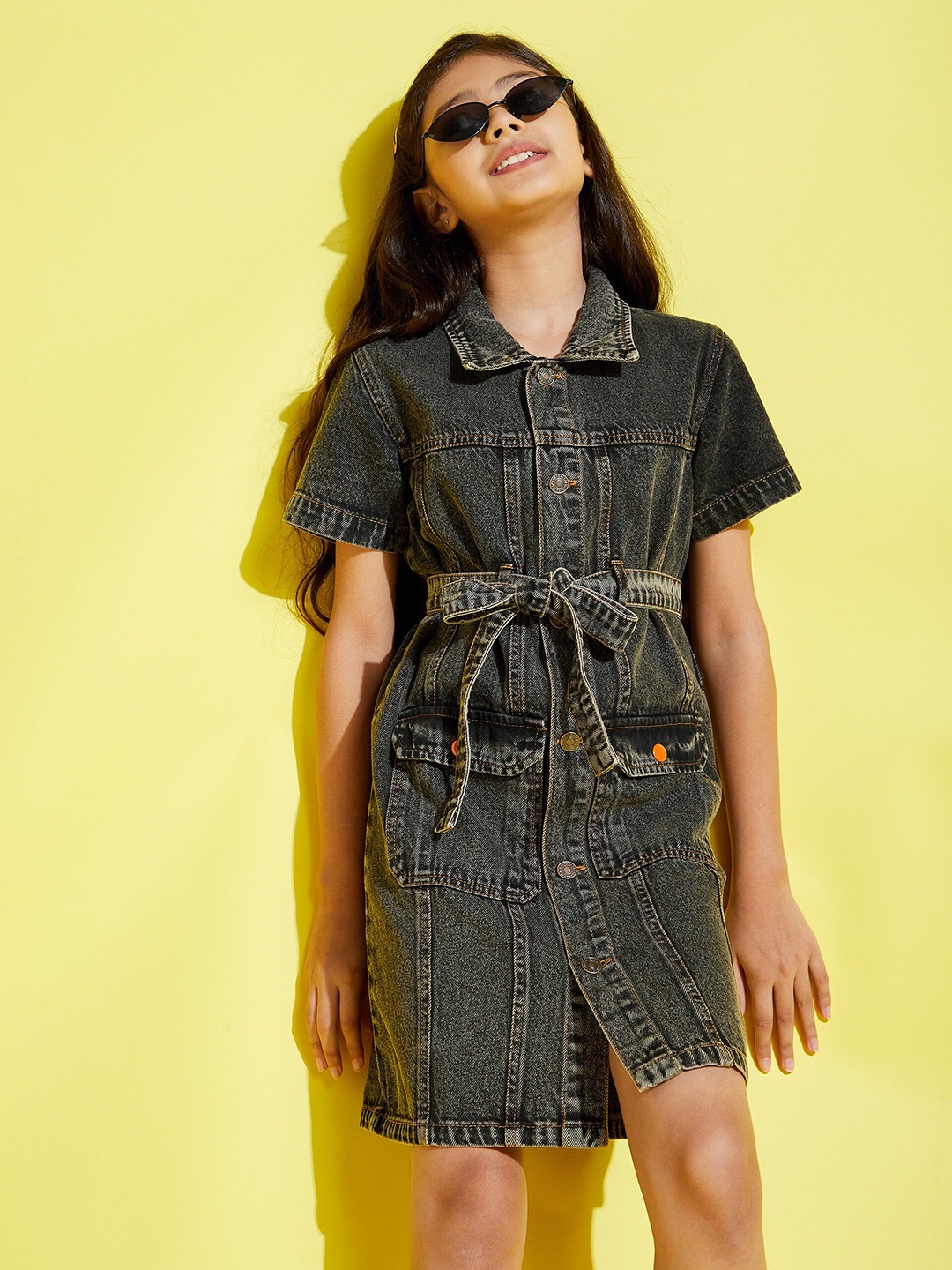 

Noh Voh - SASSAFRAS Kids Black Front Button Denim Shirt Dress
