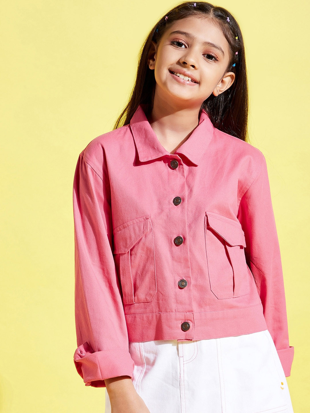 

Noh Voh - SASSAFRAS Kids Girls Pink Crop Twill Front Button Jacket