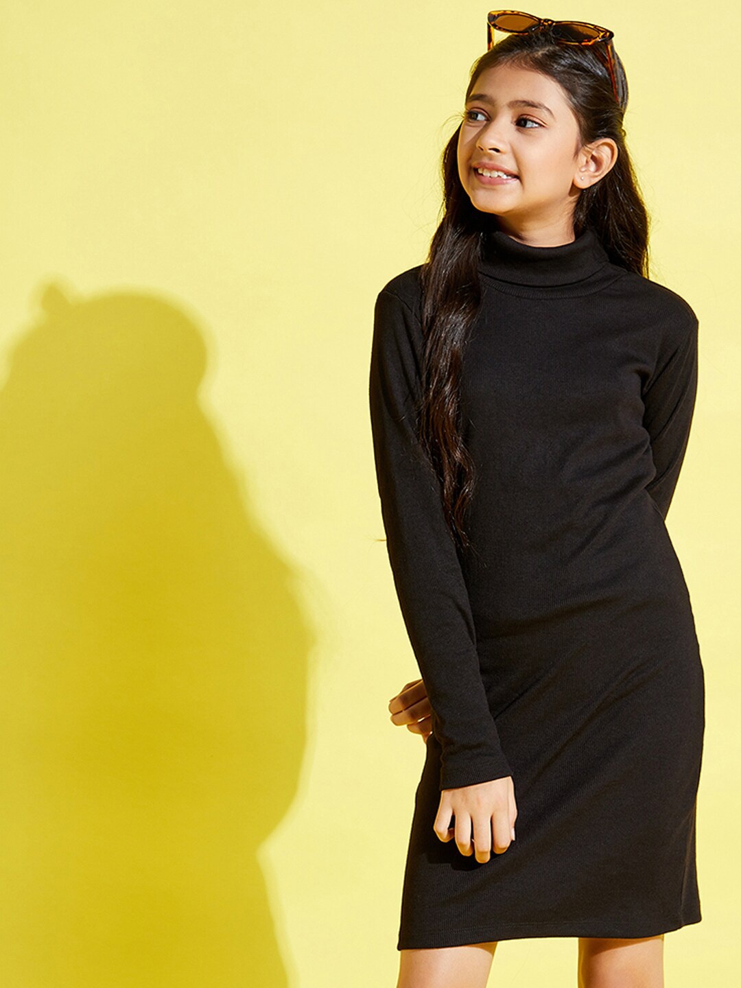 

Noh Voh - SASSAFRAS Girls Black Full Sleeve High Neck Ribbed Sheath Dress