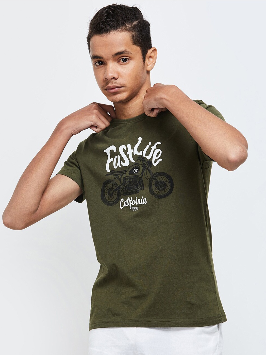 

max Boys Olive Green Biker Printed T-shirt