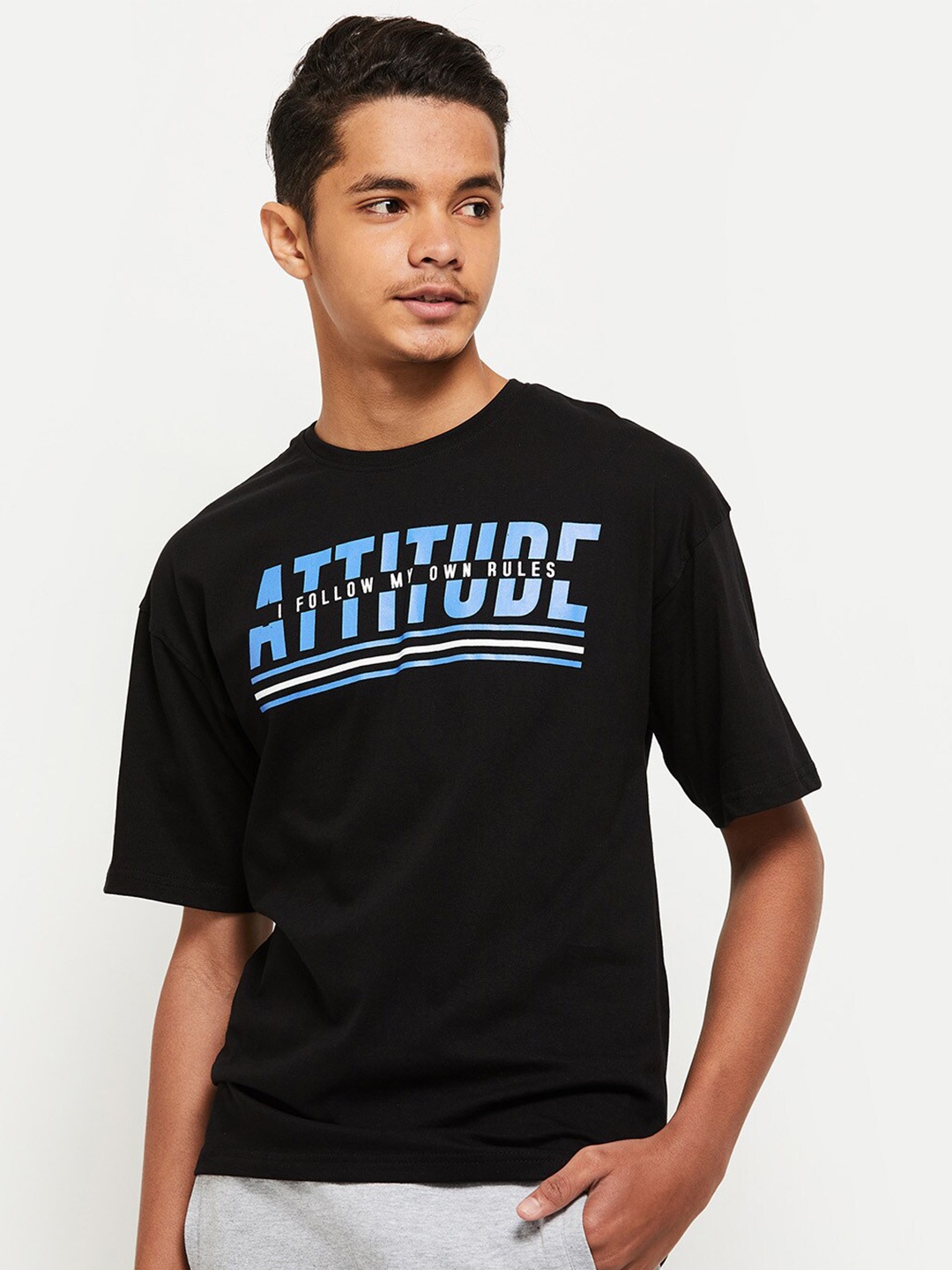max Boys Black Typography Printed T-shirt