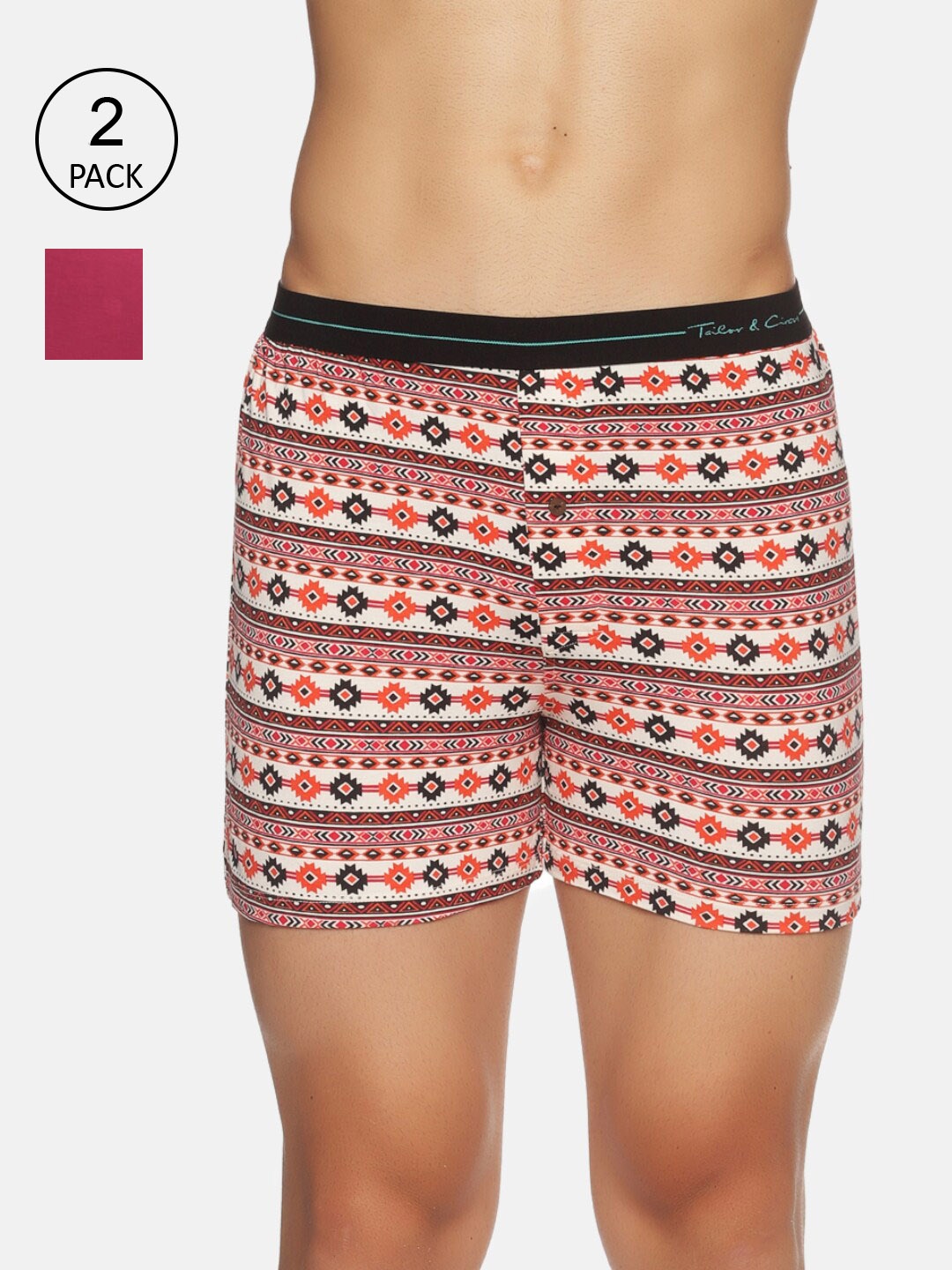 

Tailor & Circus Men Pack of 2 Magenta & Black Anti-Bacterial Printed Boxers, White
