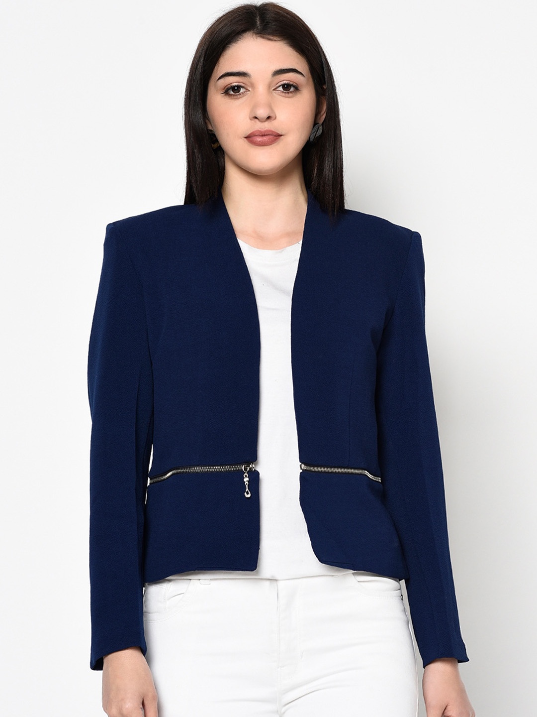 

Miss Grace Women Navy Blue Front Open Tailored Jacket