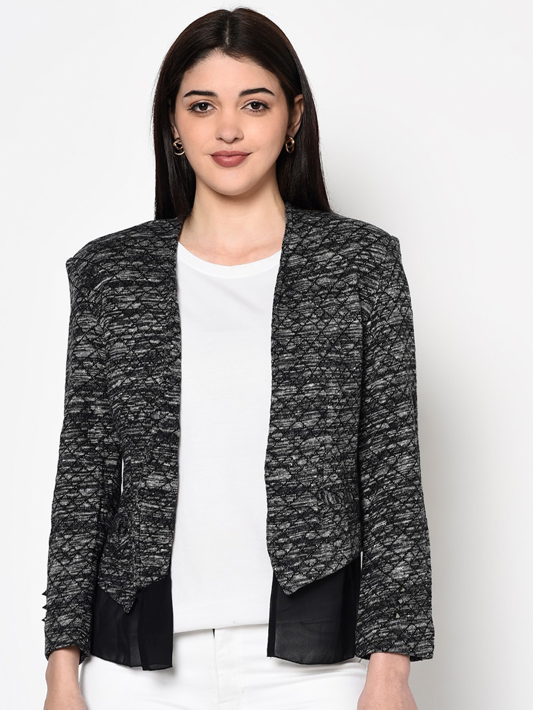 

Miss Grace Women Black Geometric Open Front Jacket