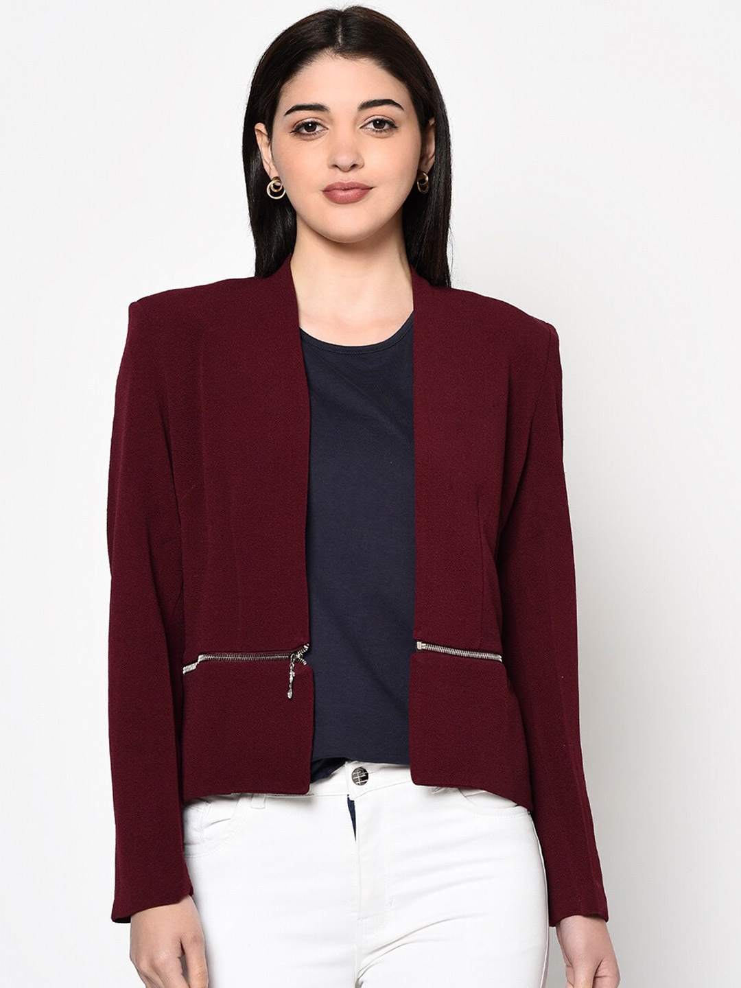 

Miss Grace Women Maroon Zip Detail Open Front Jacket