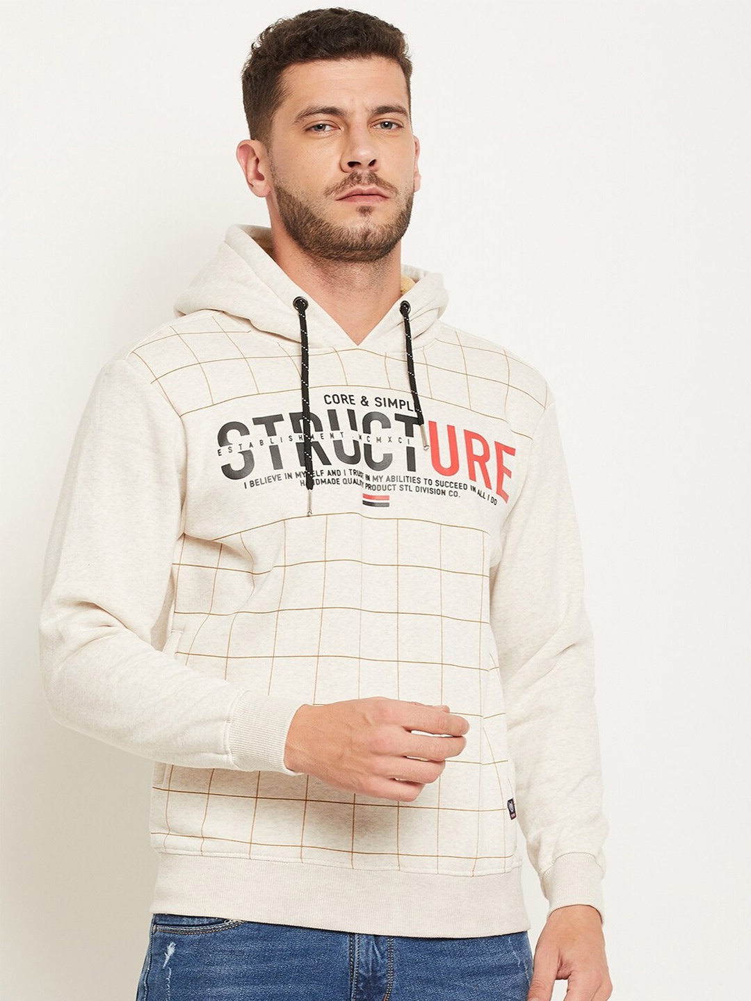 

Duke Men Off White Checked Hooded Fleece Sweatshirt