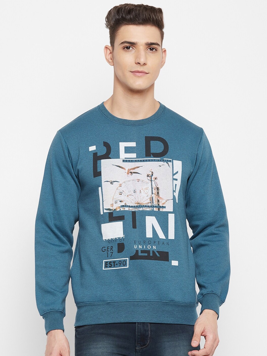 

Duke Men Blue Typography Printed Fleece Sweatshirt