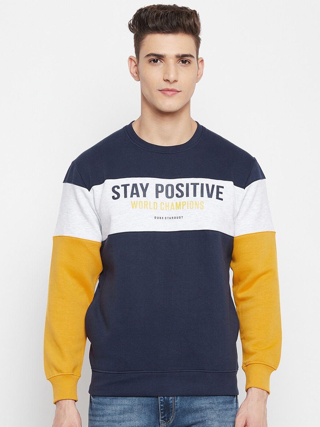 

Duke Men Navy Blue And White Colourblocked Sweatshirt