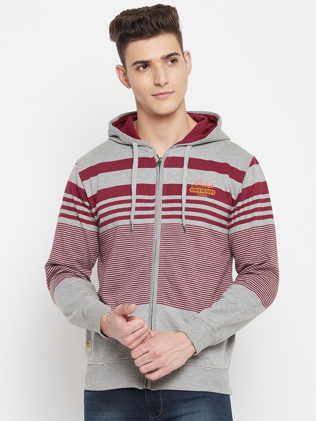 

Duke Men Maroon Striped Hooded Sweatshirt