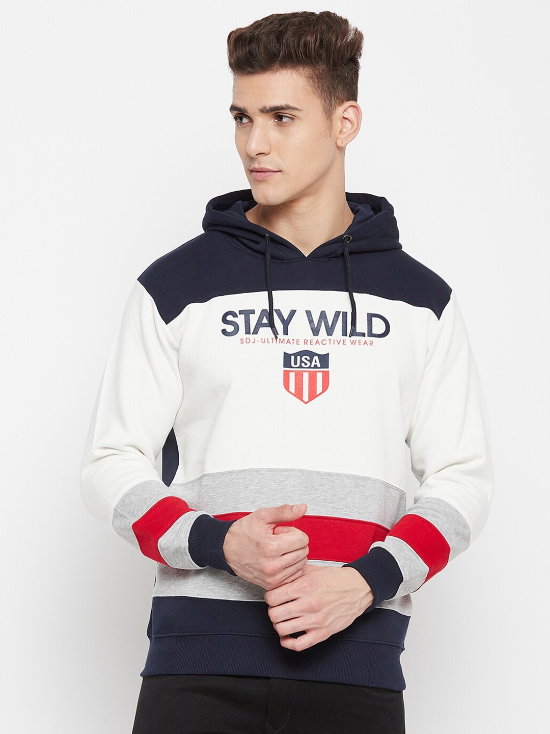 

Duke Men White Colourblocked Hooded Sweatshirt