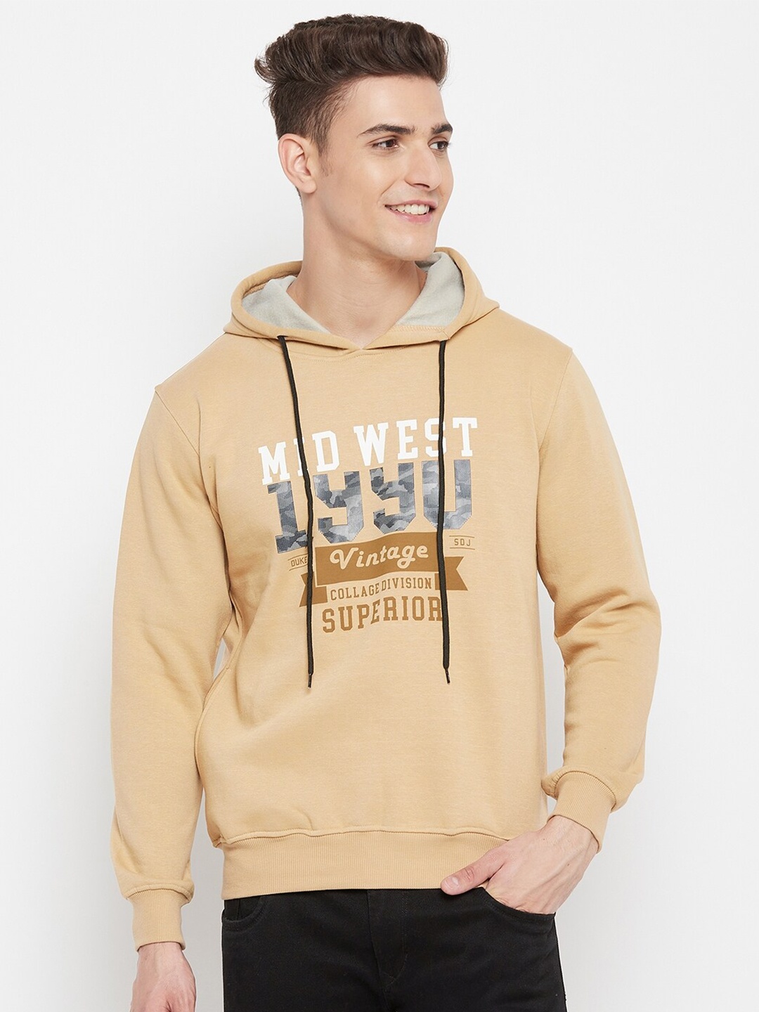 

Duke Men Khaki Typography Printed Fleece Hooded Sweatshirt